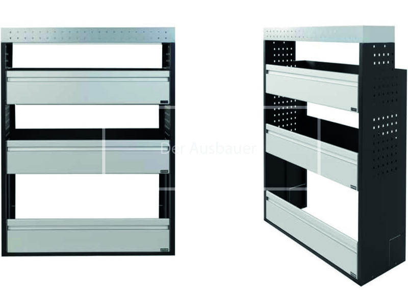 Metallregal mit schwarzem Rahmen und drei breiten grauen Schubladen, Vorder- und Seitenansicht mit gelochten Seitenwänden.