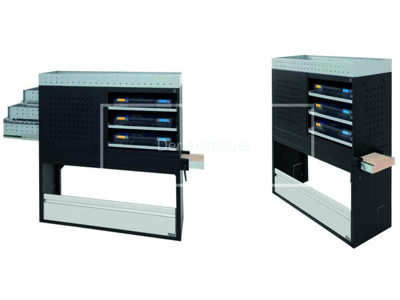 Zwei Ansichten eines schwarz-grauen Fahrzeugmoduls mit perforierten Seiten, drei blauen Schubladen und einer unteren Klappe.
