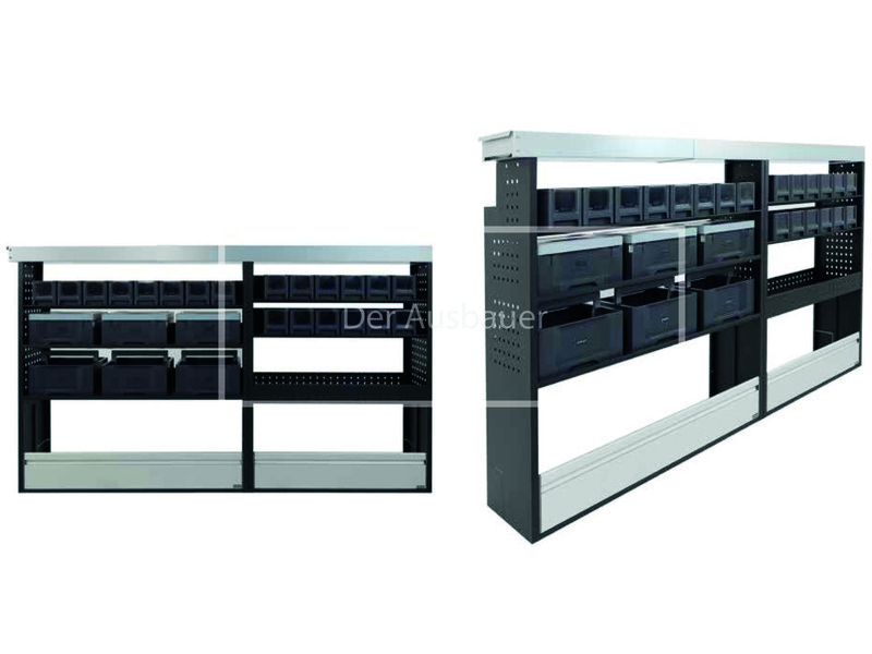 Zweiseteilige Metallregal-Einheit mit grauer Abdeckung und mehreren schwarzen Kunststoffboxen, Vorder- und Seitenansicht.