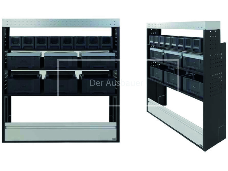Metall-Einbauregal mit schwarzen Kunststoffboxen und großer Schublade, Front- und Seitenansicht
