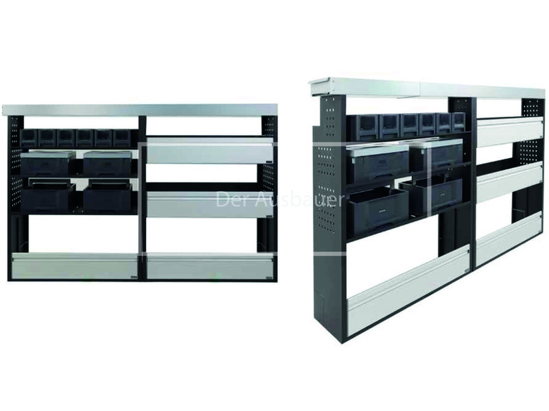 Regalsystem für Transporter mit schwarzem Rahmen, silbernen Leisten und mehreren schwarzen Schubladen und Boxen, in zwei Ansichten.