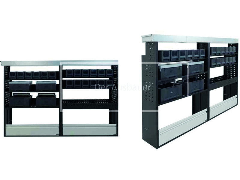 Zwei modulare Metallregale mit mehreren schwarzen Kunststoffkästen und herausziehbaren Schubladen, Vorder- und Seitenansicht.