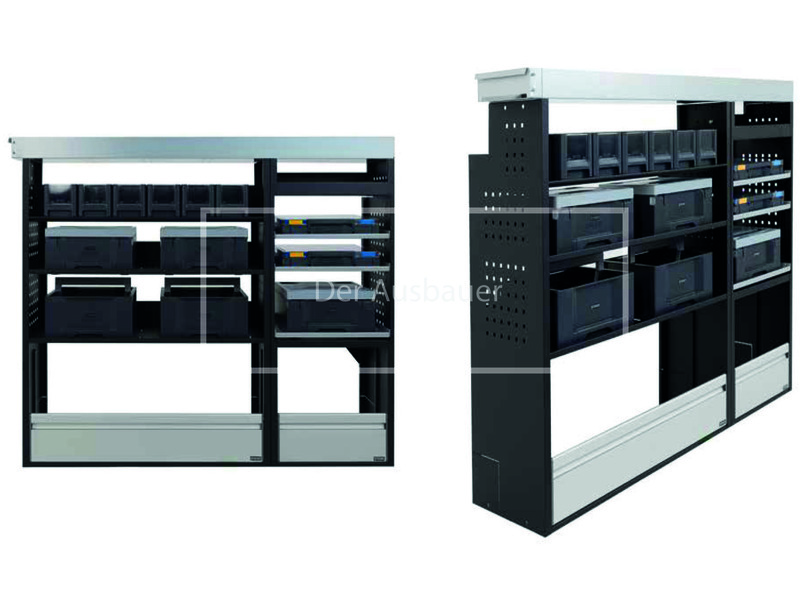 Zwei modulare schwarze Werkstattregale mit mehreren Kunststoffkisten, Schubladen und silbernen Metallblenden.