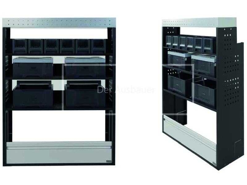 Metallregal mit perforierten Seiten, mehreren schwarzen Kunststoffboxen und großer Schublade, Vorder- und Seitenansicht.