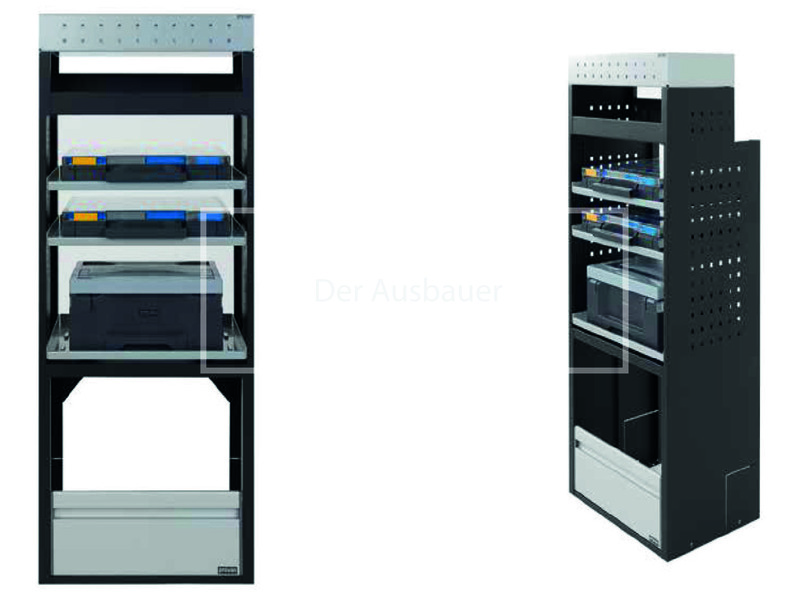 Zwei Ansichten eines hohen schwarz-grauen Werkstattschranks mit perforierten Seiten, Ablagen mit blauen Boxen, Drucker und unterer Schublade.