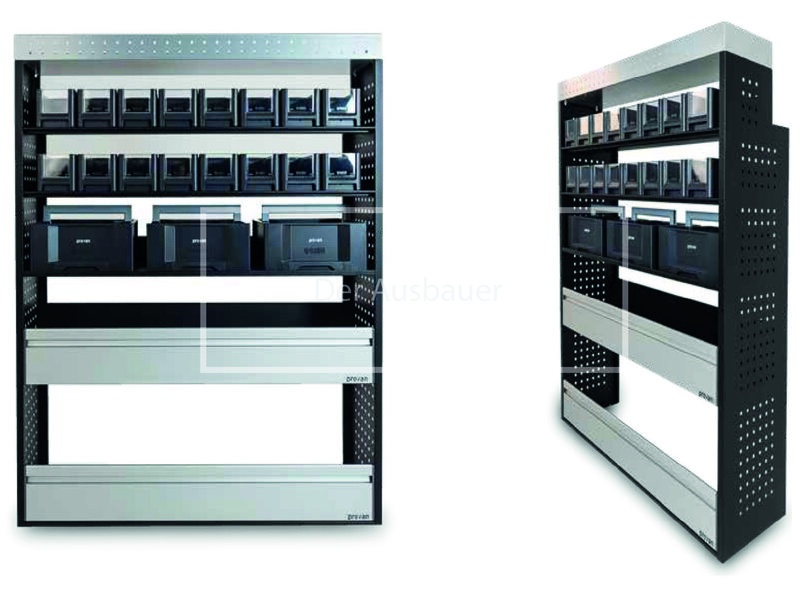 Zwei Ansichten eines Metallregals mit mehreren Reihen kleiner schwarzer Kunststoffboxen und zwei breiten Schubladen