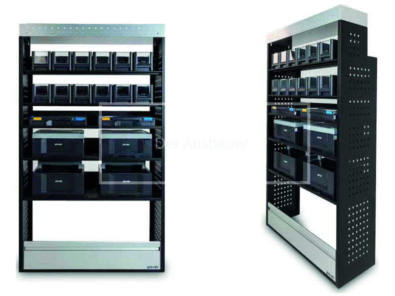 Zwei Ansichten eines schwarzen Lagerregals mit Reihen schwarzer Kunststoffschubladen und silberner Abdeckung