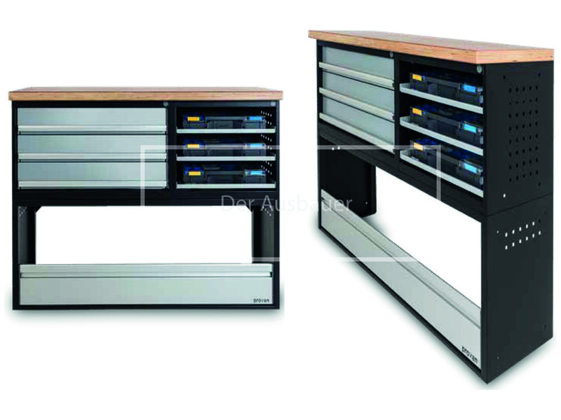 Werkbank mit Holzplatte, schwarzem Metallgestell, breiten Schubladen und herausziehbaren Kunststoff‑Einsätzen, zwei Ansichten.