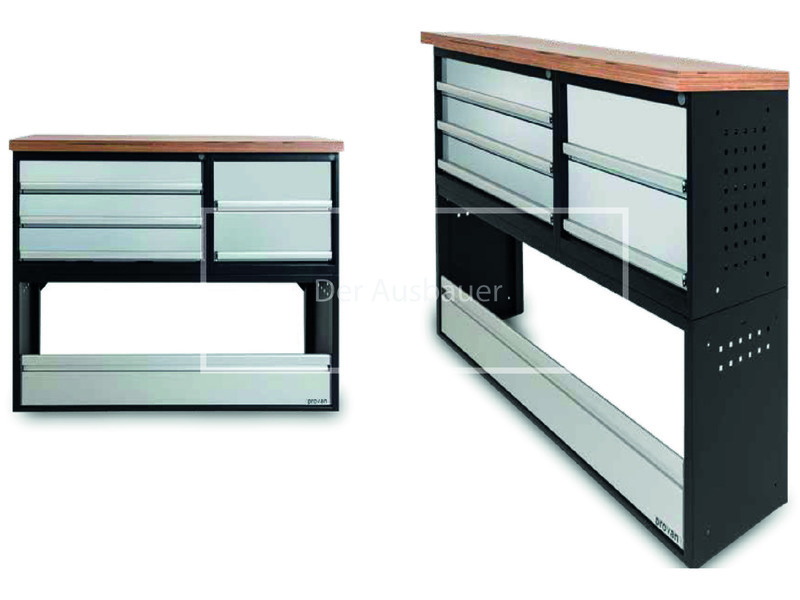 Zwei Ansichten eines Werkbank-Moduls mit Holzplatte, schwarzem Gestell und mehreren silbernen Schubladen.