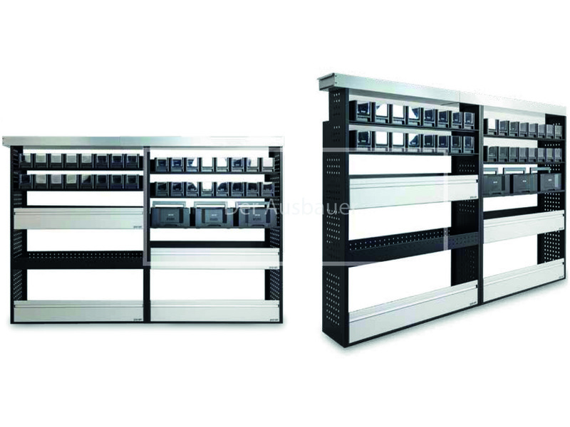 Zwei modulare Metall-Regalsysteme mit kleinen transparenten Kunststoffboxen und breiten Schubladen in schwarzer Rahmenoptik.