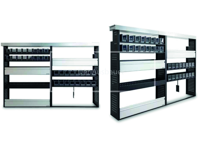 Zwei modulare Metallregale mit schwarzem Rahmen und silbernen Schienen, bestückt mit Reihen kleiner schwarzer Boxen