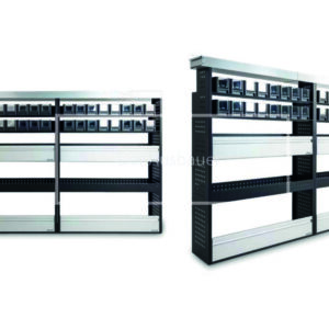 Modulares Metallregal für Fahrzeuge in zwei Einheiten mit mehreren Böden, kleinen schwarzen Aufbewahrungsboxen oben sowie Vorder‑ und Seitenansicht