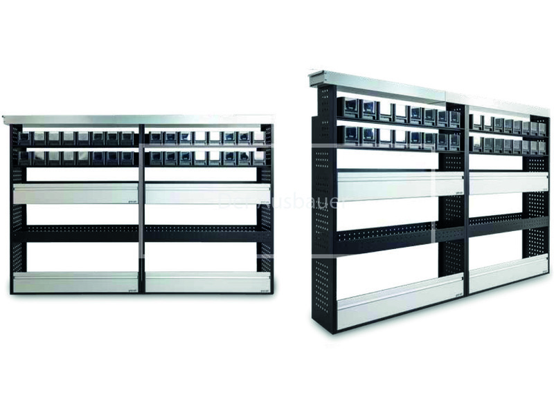 Modulares Metallregal für Fahrzeuge in zwei Einheiten mit mehreren Böden, kleinen schwarzen Aufbewahrungsboxen oben sowie Vorder‑ und Seitenansicht