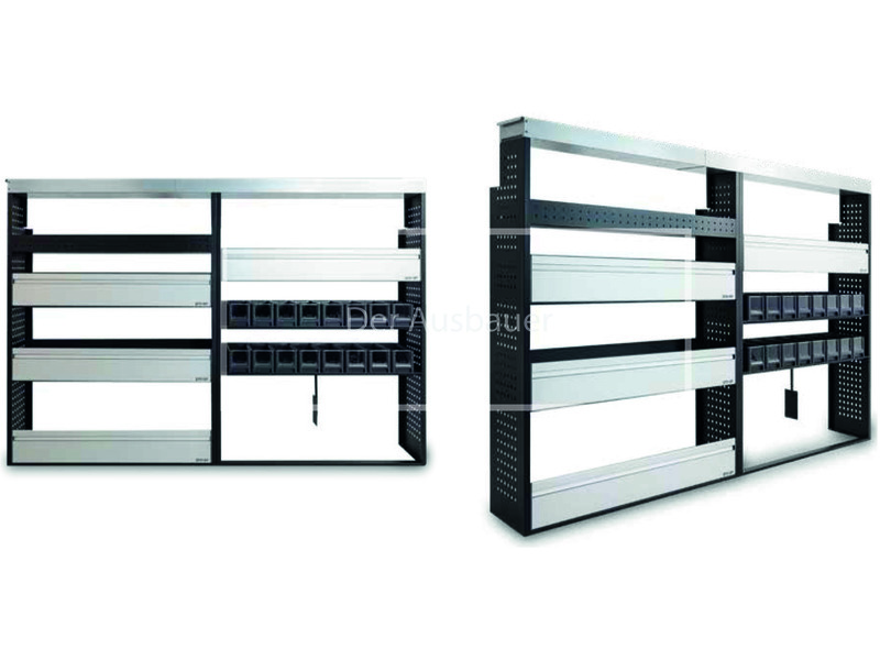 Zwei modulare Regalsysteme mit schwarzem Metallrahmen, silbernen Schubladen und kleinen Lagerboxen in Seitenansicht.