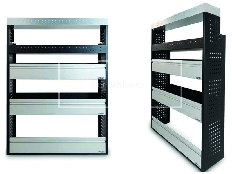 Metallregal mit schwarzem Rahmen, drei silbernen Schubladen und perforierten Seitenwänden, gezeigt in Vorder- und Seitenansicht.