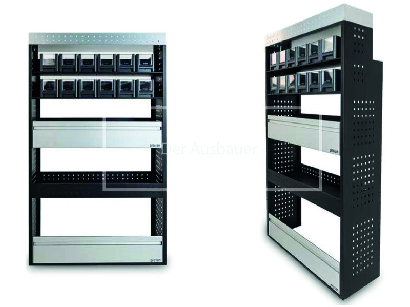 Zwei Ansichten eines schwarzen Werkstattregals mit kleinen Kunststoffbehältern oben und breiten Aluminiumschubladen.